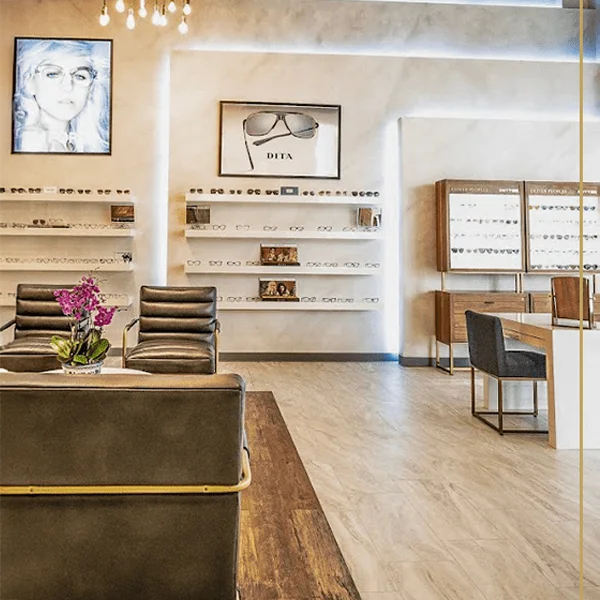 A display rack of glasses inside the lobby of Focus Optical